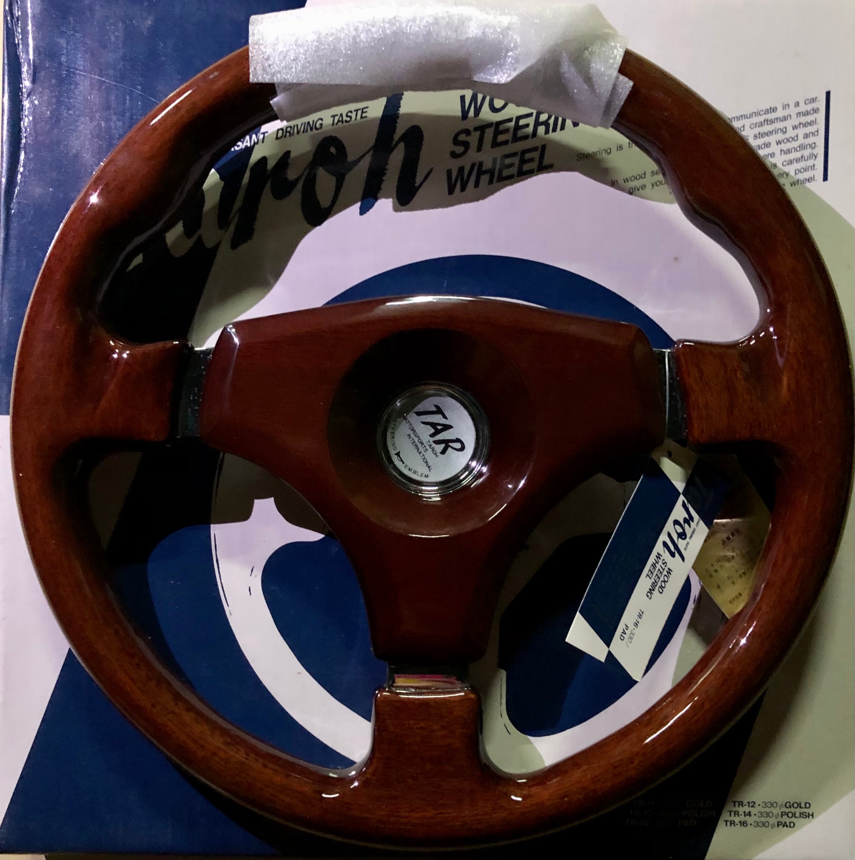 当時物”350mmΦウッドステアリング ウッドパット付 ホーンボタン付