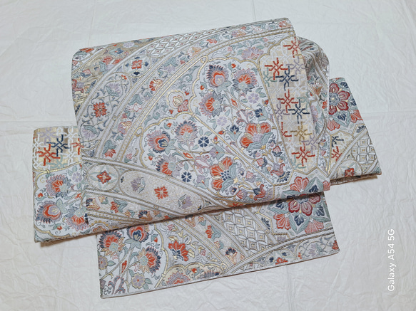 らワンタッチ帯 くらわん帯 正絹袋帯リメイク 金糸銀糸更紗文様 作り帯